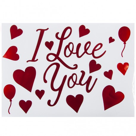 Наклейка I Love You с сердечками, 19,5*27 см, Красный, Металлик, 1 шт. Китай