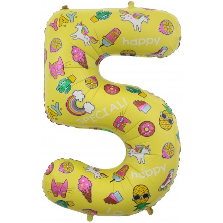 Шар (34''/86 см) Цифра, 5 Веселые картинки, Желтый, 1 шт. в упак. Falali,  КИТАЙ
